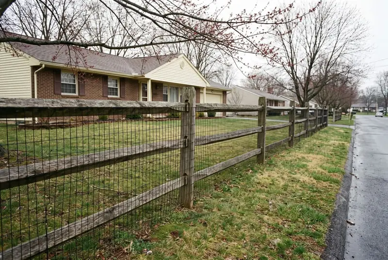 Two-rail split rail fence with welded wire mesh along the front lawn of a 1970s brick ranch house