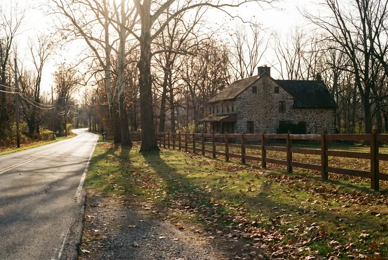 Post-and-rail fence set well back from a country road in front of a 1930s fieldstone house in late fall