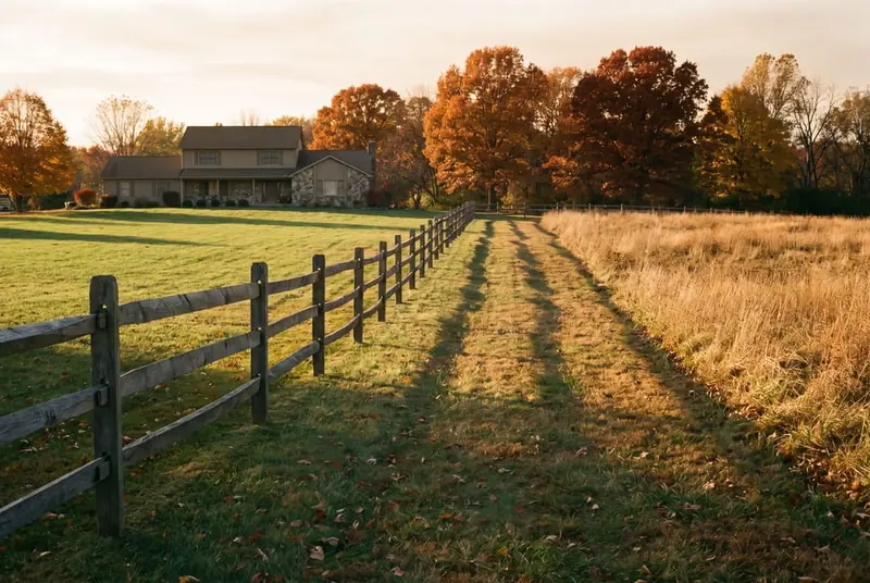 Three-rail wood fence along a rural property line, with a colonial-style house and open hayfield in autumn light