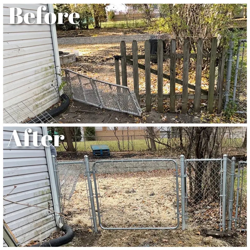 Before and after: a broken wood and wire gate replaced with a galvanized chain link gate