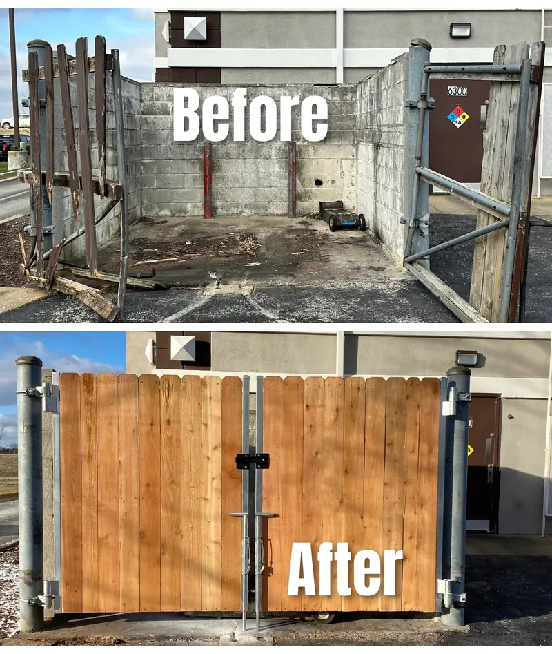 Before and after: broken dumpster enclosure gates replaced with new wood gates on galvanized posts