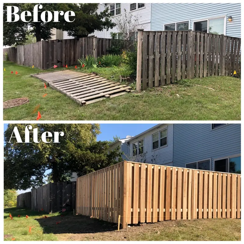Before and after: an old shadowbox fence with a fallen section replaced with a new wood shadowbox fence